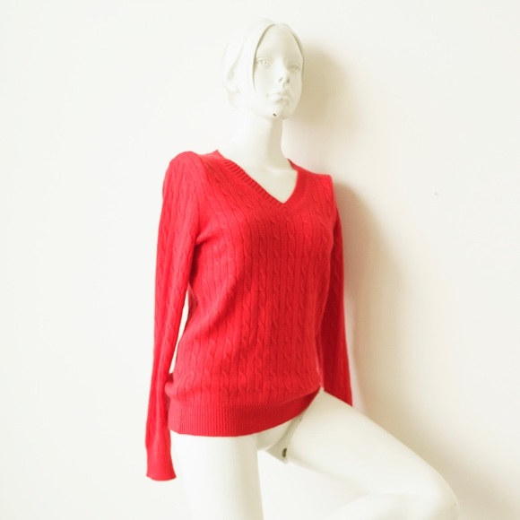 JCREW Cable Knit V-Neck Sweater, v neck sweater in Poppy Red Size: Small - Picture 8 of 9